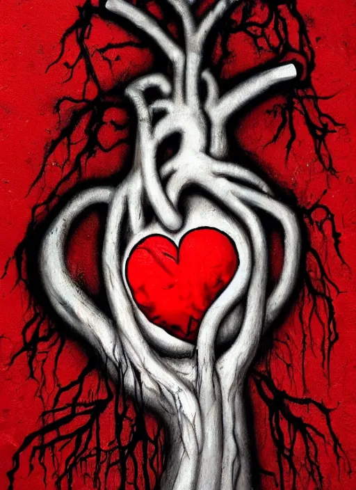 Prompt: graffiti of a dripping anatomical human heart with roots growing above it, sadness, dark ambiance, concept by godfrey blow, banksy, featured on deviantart, sots art, lyco art, artwork, photoillustration, poster art, black and red