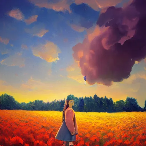 Image similar to girl with a giant carnation head, surreal photography, flower field, sunset dramatic light, impressionist painting, colorful clouds, blue sky, digital painting, artstation, simon stalenhag