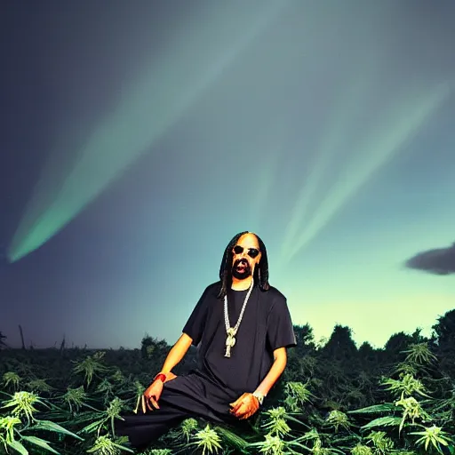 Image similar to Snoop Dogg in a marijuana field, cinematic lighting, award winning photography