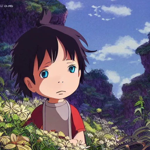 Prompt: friendly guy and small creature , with Fragile looking character portrait face, detailed face, made by Studio Ghibli highly detailed art, beautiful scene, sharp focus, smooth, 8k, anime art