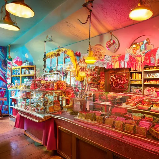 Prompt: Inside an old fashioned sweet shop, fantasy vendor interior, wide angle, cinematic, highly detailed, cinematic lighting , photorealistic, pastel colors