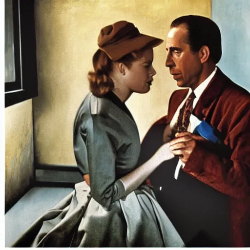 Image similar to Humphrey Bogart and Ingrid Bergman in Casablanca, painting by Vermeer