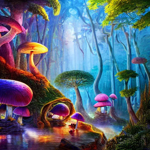 Image similar to lush ridge mushroom cryengine render depth of field fantasy hyper realism cinematic by lisa frank, antoni gaudi, john howe, alex grey, tristan eaton, john stephens, andreas rocha, leonid afremov