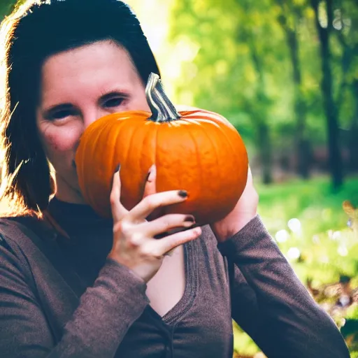 Prompt: woman eating pumpkin, realistic, photograph, canon, 30mm