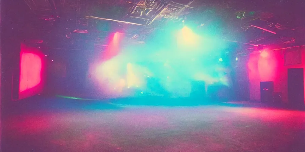 Image similar to colourful polaroid photo of an empty discotheque hall, with smoke, flashing strobe lights