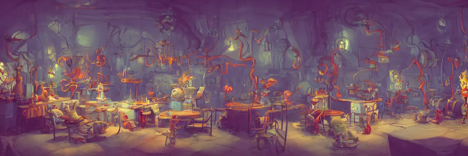 Prompt: 4K concept art of a wizards laboratory, digital art by Dr Seuss, masterpiece trending on artstation