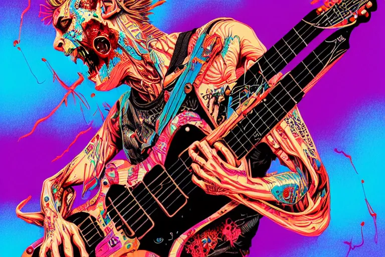 Image similar to risograph of a punk zombie playing guitar, tristan eaton, victo ngai, artgerm, rhads, ross draws, intricated details