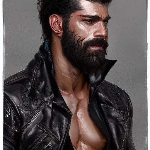Image similar to Portrait of muscular man with stubble beard wearing a black leather jacket, upper body, intricate, wild, highly detailed, digital painting, artstation, concept art, smooth, sharp focus, illustration, art by artgerm and greg rutkowski and alphonse mucha