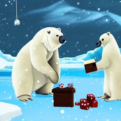 Prompt: a polar bear and a yeti box while three penguins play dice, snowy background, very detailed, cool, best of artstation, digital artwork, 8 k,