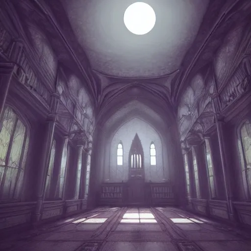 Image similar to large gothic hall with large moon on the ceiling, horror movie, soft light, artstation, detailed, colorfull