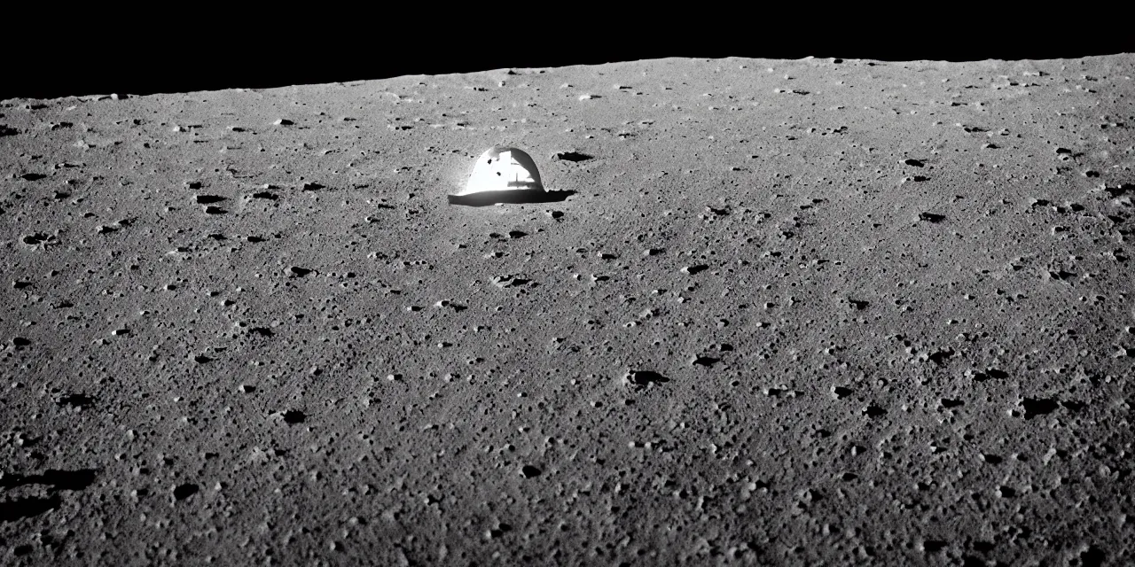 Image similar to view from the surface of the moon, cinematic film still, film grain, looking up at tall white spaceship, glowing landing lights on spaceship, stars and space in the dark background, full frame photography