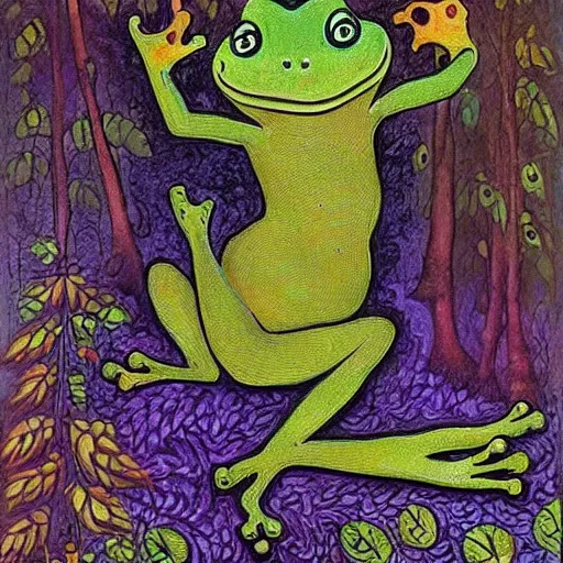 Prompt: a green frog-like genie ready to grant wishes deep in the forest, fantasy illustration, Louis wain