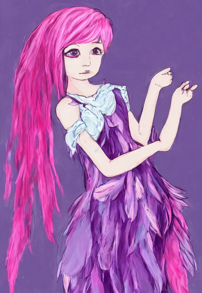 Image similar to little girl with eccentric pink hair wearing a dress made of purple feather, art by dcwj