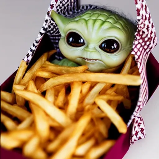 Prompt: baby yoda inside a bag of french fries