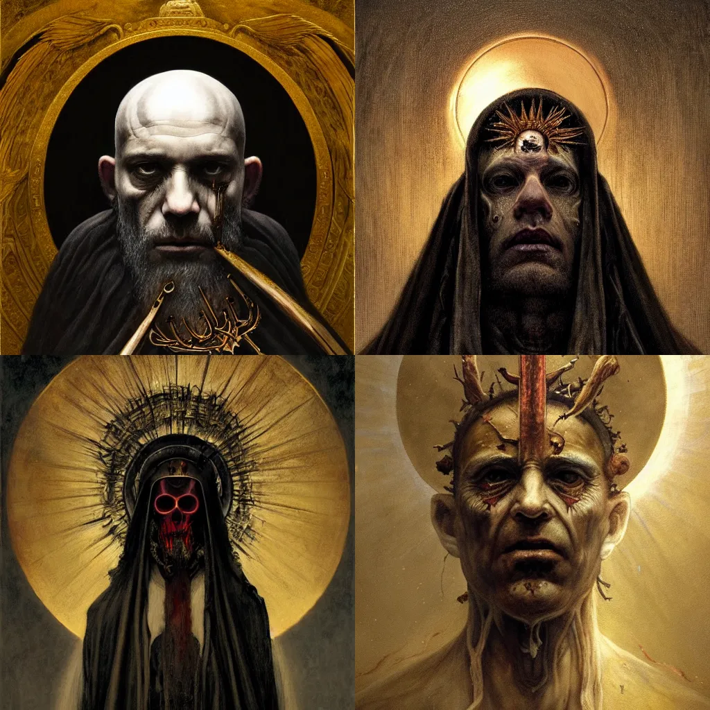 Prompt: a painting of a portrait of the high pontifex of pain with a halo on his head, golden halo, a detailed painting by santiago caruso, and greg rutkowski, featured on pixiv, gothic art, apocalypse art, antichrist, grotesque, elder, skin, gouache, sinew, artstation