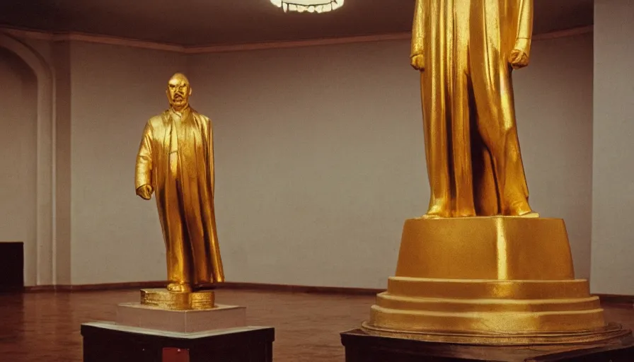 Image similar to movie still by tarkovsky portrait of a gold statue of lenin in an empty ballroom, cinestill 8 0 0 t 3 5 mm, heavy grain, high quality, high detail