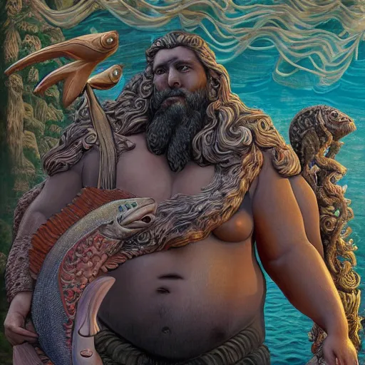 Image similar to The sculpture shows a mythological scene. A large, bearded man is shown seated on a throne, surrounded by sea creatures. He has a trident in one hand and a shield in the other. Behind him is a large fish, and in front of him are two smaller creatures. by Casey Weldon rich details, tumultuous