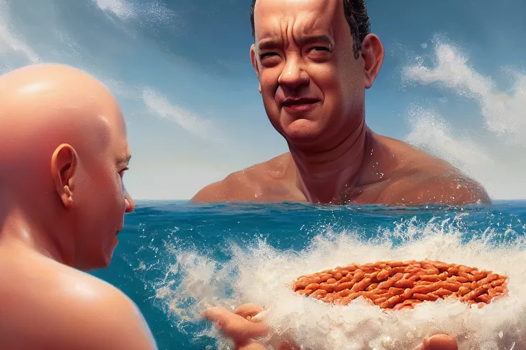 Image similar to portrait of tom hanks swimming in baked beans, an ocean filled of baked beans, charlie bowater, artgerm, ilya kuvshinov, krenz cushart, ruan jia, realism, ultra detailed, 8 k resolution