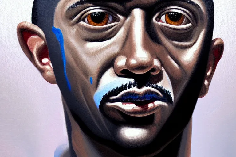 Image similar to frank the ai painter self portrait, detailed eyes, photorealistic