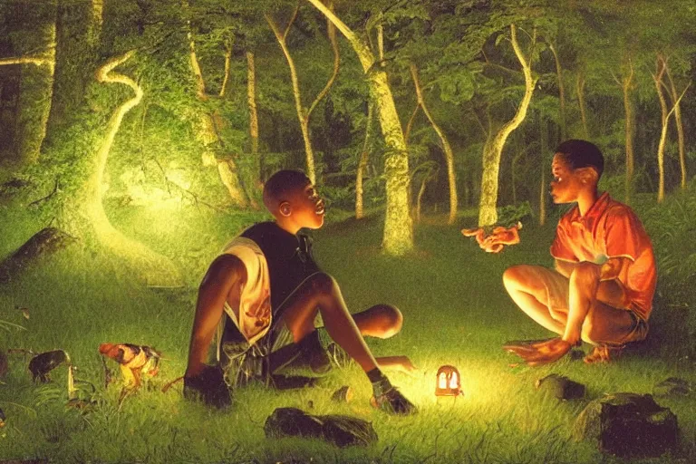 Image similar to a scenic view of a black boy talking to a phatom in the middle of a magical forest with glow-worm lights near a lake, detailed, cinematic, dramatic scene, retro illustration by Norman Rockwell.