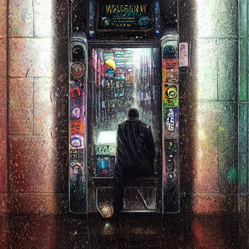 Prompt: a drenched man in a rainy alleyway placing a coin in a vending machine opens an alien portal into another dimension, vivid caustics into another universe, realistic photography, beautiful interior, hyperrealism, incredible, award - winning photography, by greg rutkowski, lovecraftian