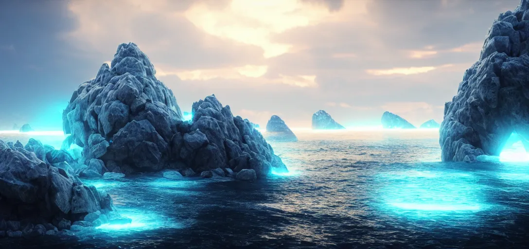 Image similar to octane render uhd, 8 k art photography, filmic lighting, cinematic art shot, hyperrealistic, hyperdetailed, super detailed, 8 k, high resolution, mysterious strangle glowing crystalline structure made of white rocks in the far distance, 8 k uhd photography by ross tran and ivan aivazovsky, black water, midnight