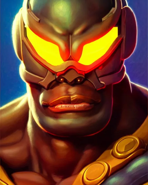 Image similar to doomfist from overwatch, elegant, confident, smug, ripped, buff, strong, colorful, fantasy, fantasy art, character portrait, portrait, close up, highly detailed, intricate detail, amazing detail, sharp focus, vintage fantasy art, vintage sci - fi art, radiant light, caustics, by boris vallejo