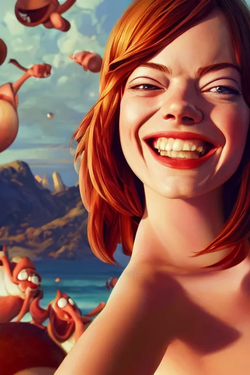 Image similar to emma stone smiling to see many big italian sausages by concept artist gervasio canda, behance hd by jesper ejsing, by rhads, makoto shinkai and lois van baarle, ilya kuvshinov, rossdraws global illumination radiating a glowing aura global illumination ray tracing hdr render in unreal engine 5