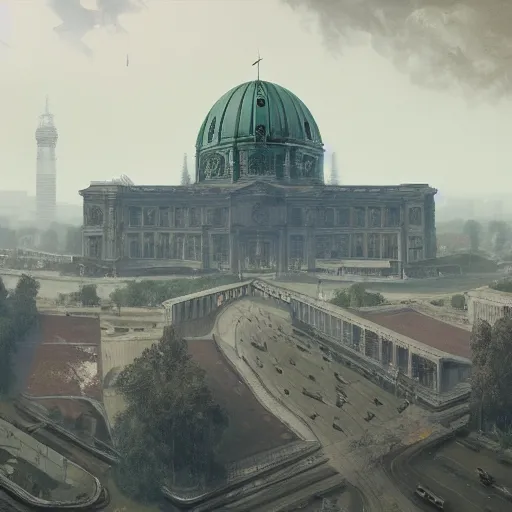 Image similar to panoramic view of giant giant monumentsl 1 km height volkshalle building, berlin 1 9 4 5, matte painting by greg rutkowski, artstation