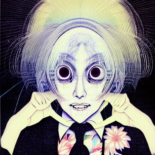 Image similar to yoshitaka amano blurred and dreamy realistic three quarter angle portrait of a woman with white hair and black eyes wearing dress suit with tie, junji ito abstract patterns in the background, satoshi kon anime, noisy film grain effect, highly detailed, renaissance oil painting, weird portrait angle, blurred lost edges