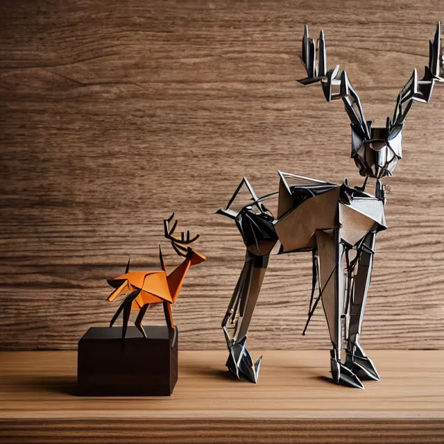 Prompt: a photograph of a deer origami and a robot mecha origami on top of a wooden table