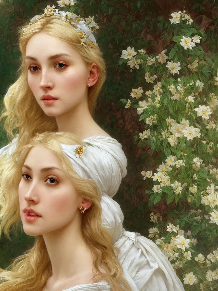 Image similar to 3/4 close up face Portrait of a beautiful Swedish princess in garden, white top, blond hair, piercing, intricate, elegant, highly detailed, artstation, concept art, intricate, highly detailed, sharp focus, exotic, orientalism, bouguereau, art by Artgerm and greg rutkowski and alphonse mucha