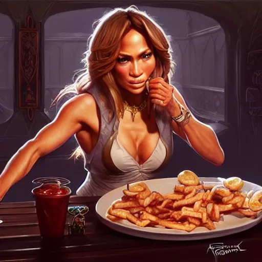 Image similar to Jennifer Lopez Eating Big Macs, dripping BBQ Sauce, serving burgers, D&D, fantasy, intricate, elegant, highly detailed, digital painting, artstation, concept art, matte, sharp focus, illustration, hearthstone, art by Artgerm and Greg Rutkowski and Alphonse Mucha