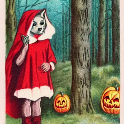 Image similar to little red riding hood wearing a luxurious fur coat with a wolf head hood, vintage Halloween postcard