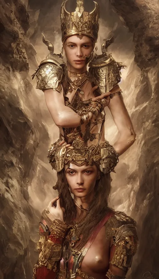 Image similar to epic masterpiece portrait of a queen with a goblet, on the battlefield, tribe makeup and jewelry, sweaty skin, hyperrealistic, octane render, cinematic, followed by heads with many faces, beautiful face and flawless skin, perfect hands, emeralds by Edgar Maxence and Ross Tran and Michael Whelan, Legends of Runeterra