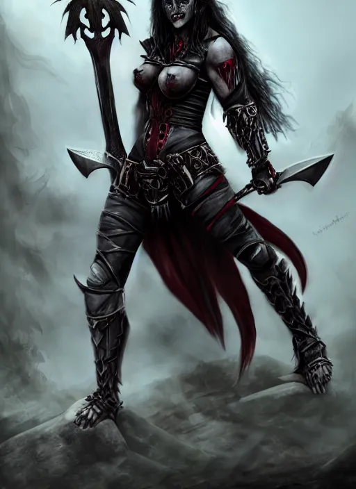 Image similar to female vampire warrior holding a monstrous zweihander, full portrait, sharp teeth, smiling, muscular, flying, barefoot, foot wraps, exposed toes, black heavy armor, realistic armor, metal mask, in the style of ghostblade, wlop, modern fantasy, regular proportions.