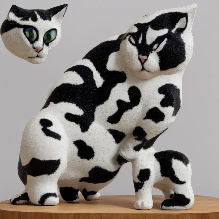 Prompt: beautiful gallery show studio photograph of a giant ceramic sculpture of a cute kitten, glazed by bridget riley and victor vasarely, placed on a polished wooden table, hyperrealism 8 k trending on artstation