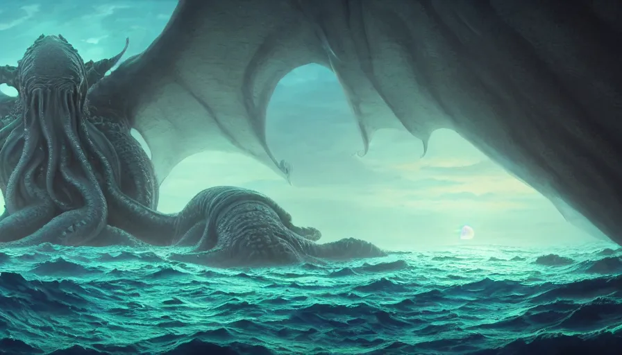 Prompt: A highly detailed matte painting of the huge Cthulhu in the ocean, by Studio Ghibli, Makoto Shinkai, by Artgerm, by beeple, by Greg Rutkowski, volumetric lighting, octane render, 4K resolution, trending on artstation, masterpiece