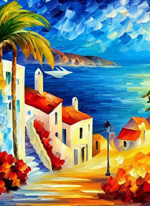 Image similar to beautiful seaside greek village in the style of leonid afremov