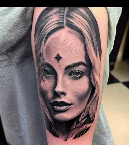 Image similar to tattoo design sketch of margot robbie and beautiful mountain scenery mash up, in the style of varo tattooer, surrealist, amazing detail, sharp