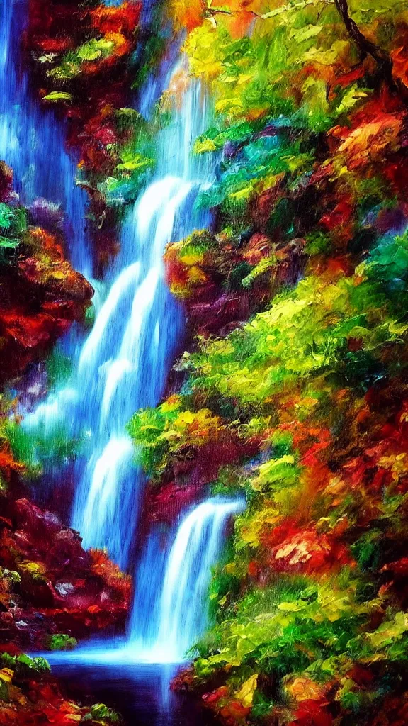 Image similar to high quality psychedelic waterfall background, painted with oil paints, hypperrealism, hd 4 k artstation