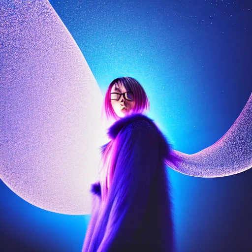 Prompt: blue sparks and bubbles flitting around a flying anime girl with long sky blue hair, low - angle shot from behind, blue coat, fur scarf, ultra fine detail, dark theme, realistic painting, photography, psychedelic, film still, cinematic, long exposure, wlop, ilya kuvshinov, ismail inceoglu,