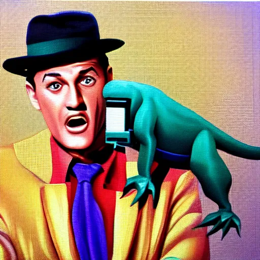 Image similar to beautiful lifelike painting of retro snes game starring gene kelly demanding a refund on undercooked overpriced dinosaur steak in downtown dive bar bistro, hyperreal detailed facial features and uv lighting, retro bitmap pixel art painting