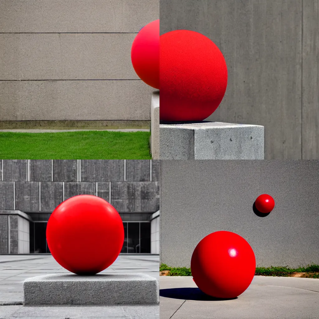 Prompt: red ball on pedestal, brutalist architecture