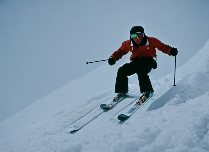 Image similar to a 2 8 mm macro kodachrome photo of a man skiing airborne off a ski jump with snow bursting behind him in the swiss alps in the 1 9 5 0's, seen from a distance, bokeh, canon 5 0 mm, cinematic lighting, film, photography, golden hour, depth of field, award - winning