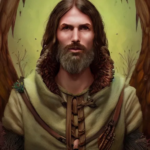 Image similar to A professional digital portrait painting of a D&D druid, painted by Wes Anderson, 4k, digital art, trending on cgsociety, highly detailed, head and shoulders shot, shallow depth of field, professional lighting, airbrush,