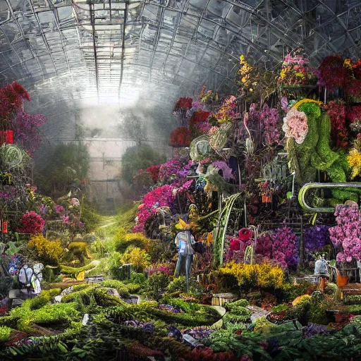 Prompt: panoramic view of a jungle of flowers and vines growing among great heaps of chrome machinery with piles of rusty weapons and broken plastic androids in puddles of glistening oil, artists tram pararam and doctor seuss with beryl cook and hr giger, high contrast cinematic light, mystical shadows, sharp focus, octane render