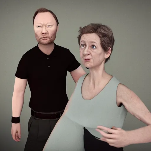 Image similar to Limmy with Margaret thatchers body, realistic artstyle, wide shot, dramatic lighting, octane render, hyperrealistic, high quality, highly detailed, HD, beautiful, cinematic, 8k, unreal engine, facial accuracy, symmetrical