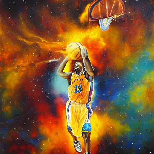 Prompt: An expressive oil painting of a basketball player dunking, depicted as an explosion of a nebula