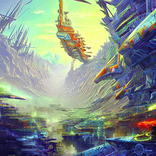 Image similar to skies walking castle crashed spaceship rich digital art depth of field sacred fantasy by alex grey, syd mead, john berkey, fenghua zhong, alena aenami, tristan eaton, john stephens, arthur adams